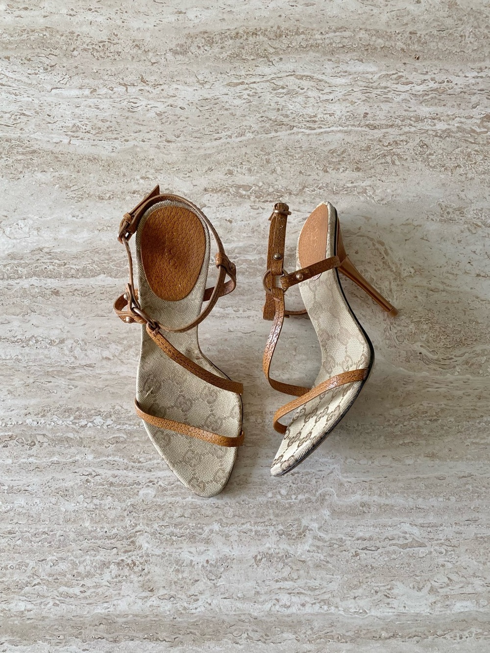 Vintage Gucci GG Canvas Metal Heel Sandals